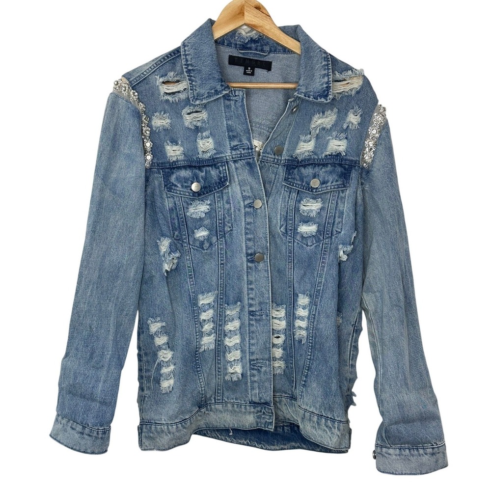 TINSEL Distressed Denim Jacket Sequin Embellished Pearl Trim Blue Size S